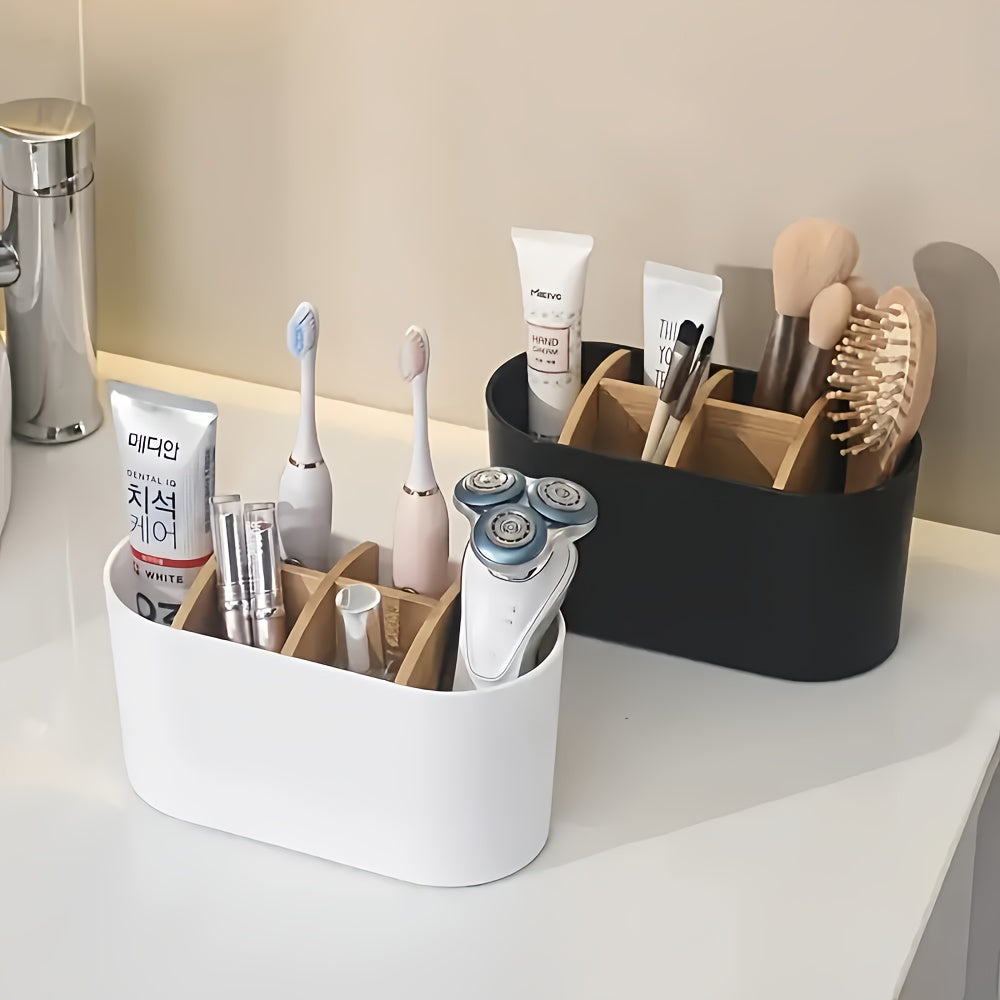 Minimalist Bathroom Toothbrush Holder Caddy, Divided Freestanding Countertop Storage Organizer for Electric Toothbrush, Toothpaste, Razor, Sleek Desktop Pencil & Makeup Brush Cup