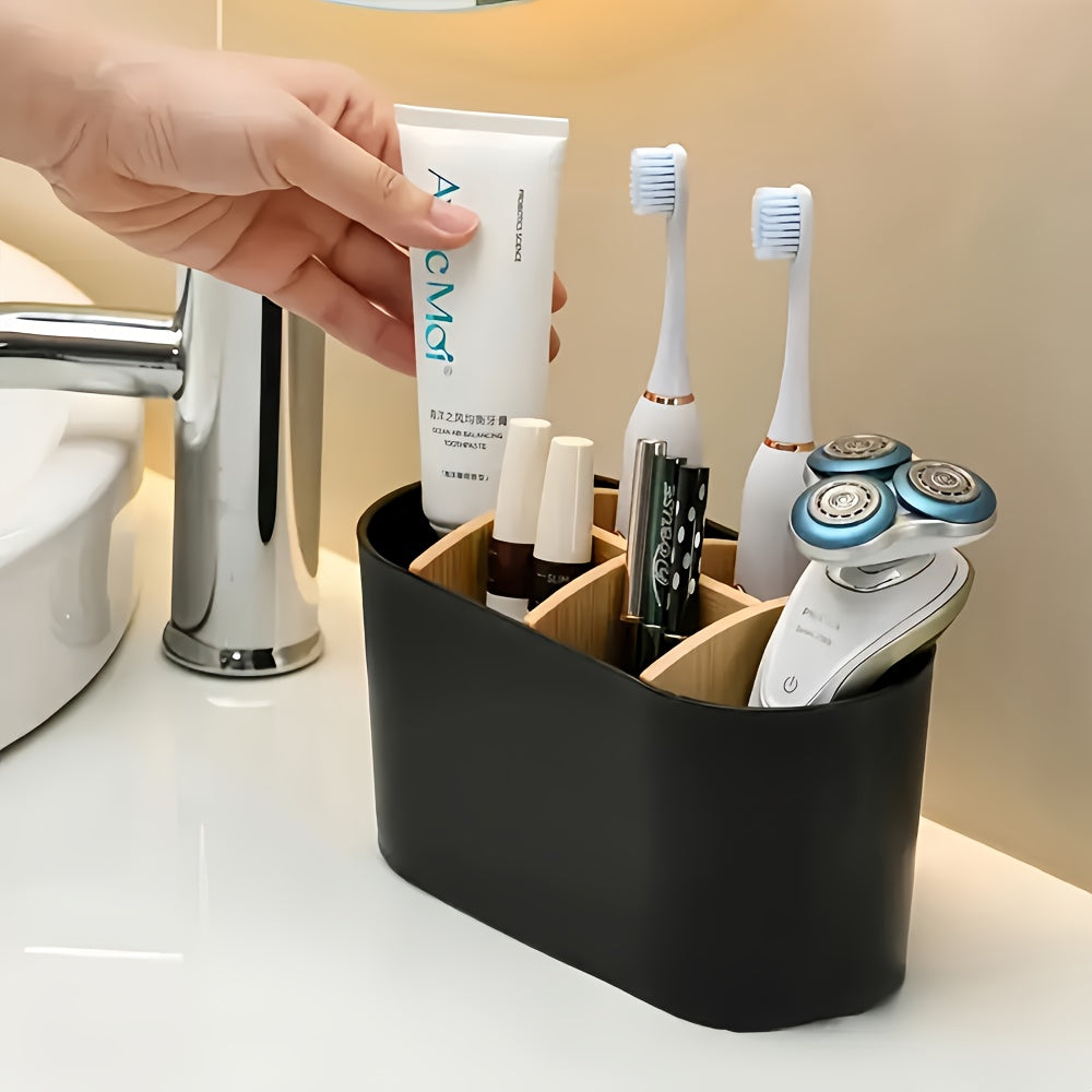 Minimalist Bathroom Toothbrush Holder Caddy, Divided Freestanding Countertop Storage Organizer for Electric Toothbrush, Toothpaste, Razor, Sleek Desktop Pencil & Makeup Brush Cup