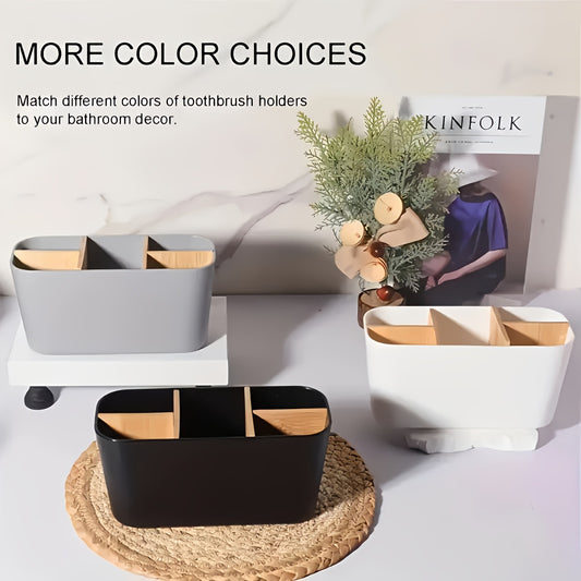 Minimalist Bathroom Toothbrush Holder Caddy, Divided Freestanding Countertop Storage Organizer for Electric Toothbrush, Toothpaste, Razor, Sleek Desktop Pencil & Makeup Brush Cup