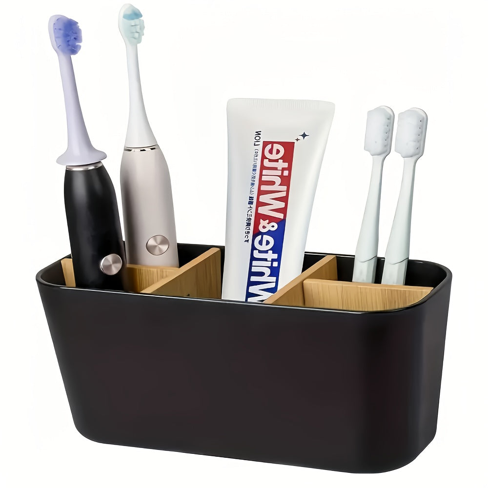 Minimalist Bathroom Toothbrush Holder Caddy, Divided Freestanding Countertop Storage Organizer for Electric Toothbrush, Toothpaste, Razor, Sleek Desktop Pencil & Makeup Brush Cup