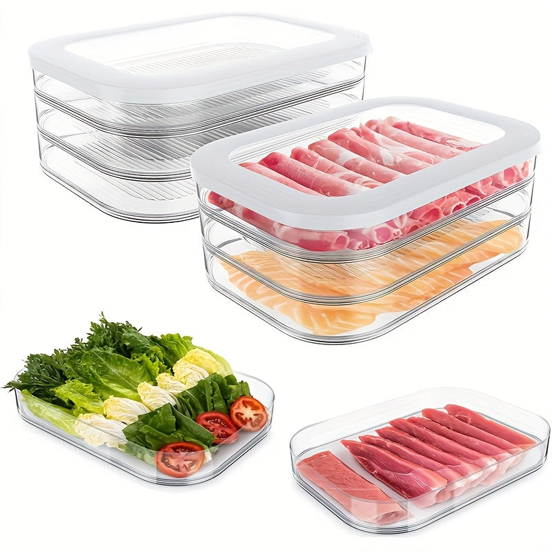 Stackable Refrigerator Food Storage Containers with Lids, 4-Tier Airtight Meat Deli Organizer Bins for Fridge, Leak-Proof Freezer Sealing Box for Cheese, Bacon, Beef Rolls, Shrimp, and Produce