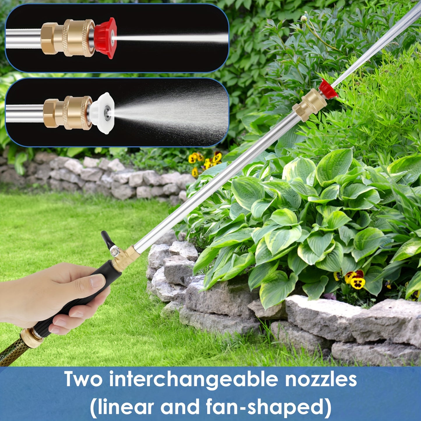 Heavy-Duty High-Pressure Power Washer Wand, Over-the-Hose Garden Spray Wand with 2 Interchangeable Nozzles, Battery-Free Aluminum Alloy Jet Washer Attachment for Car Wash and Window Cleaning