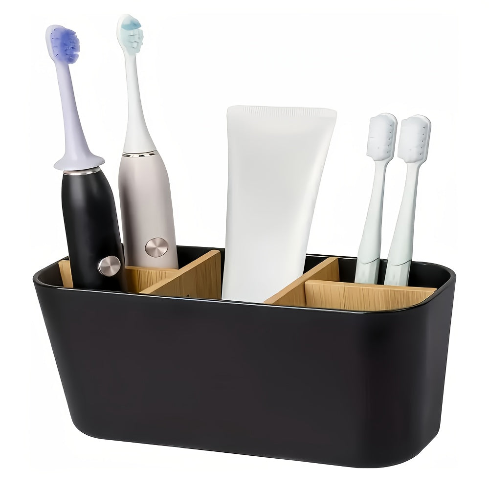 Minimalist Bathroom Toothbrush Holder Caddy, Divided Freestanding Countertop Storage Organizer for Electric Toothbrush, Toothpaste, Razor, Sleek Desktop Pencil & Makeup Brush Cup