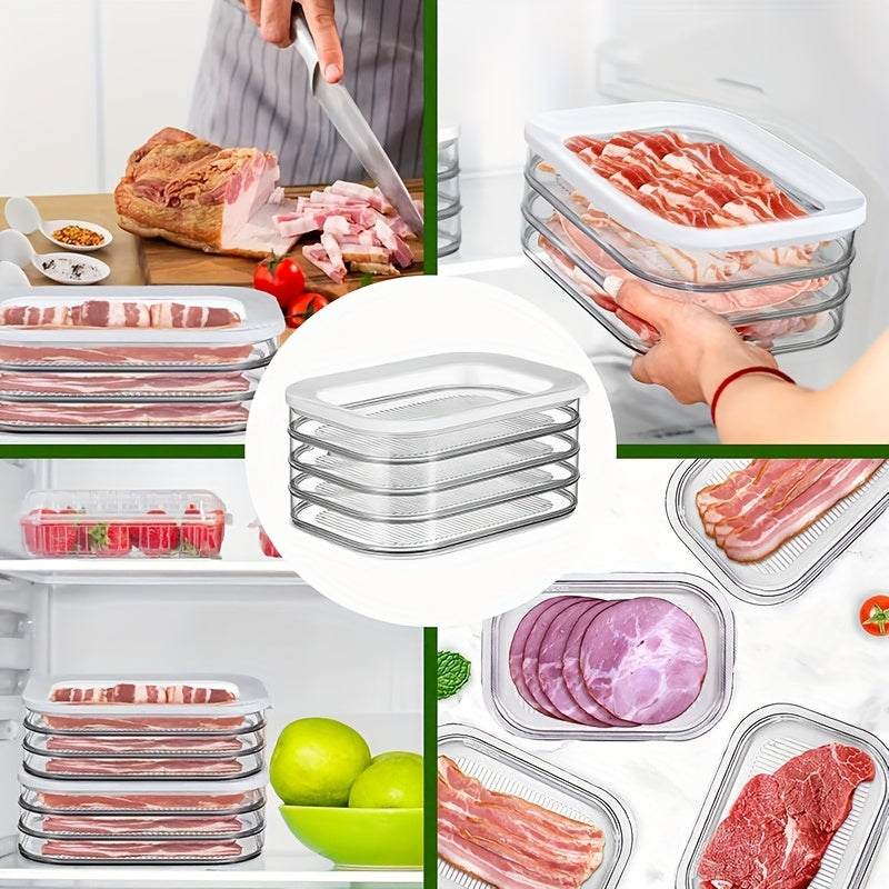 Stackable Refrigerator Food Storage Containers with Lids, 4-Tier Airtight Meat Deli Organizer Bins for Fridge, Leak-Proof Freezer Sealing Box for Cheese, Bacon, Beef Rolls, Shrimp, and Produce