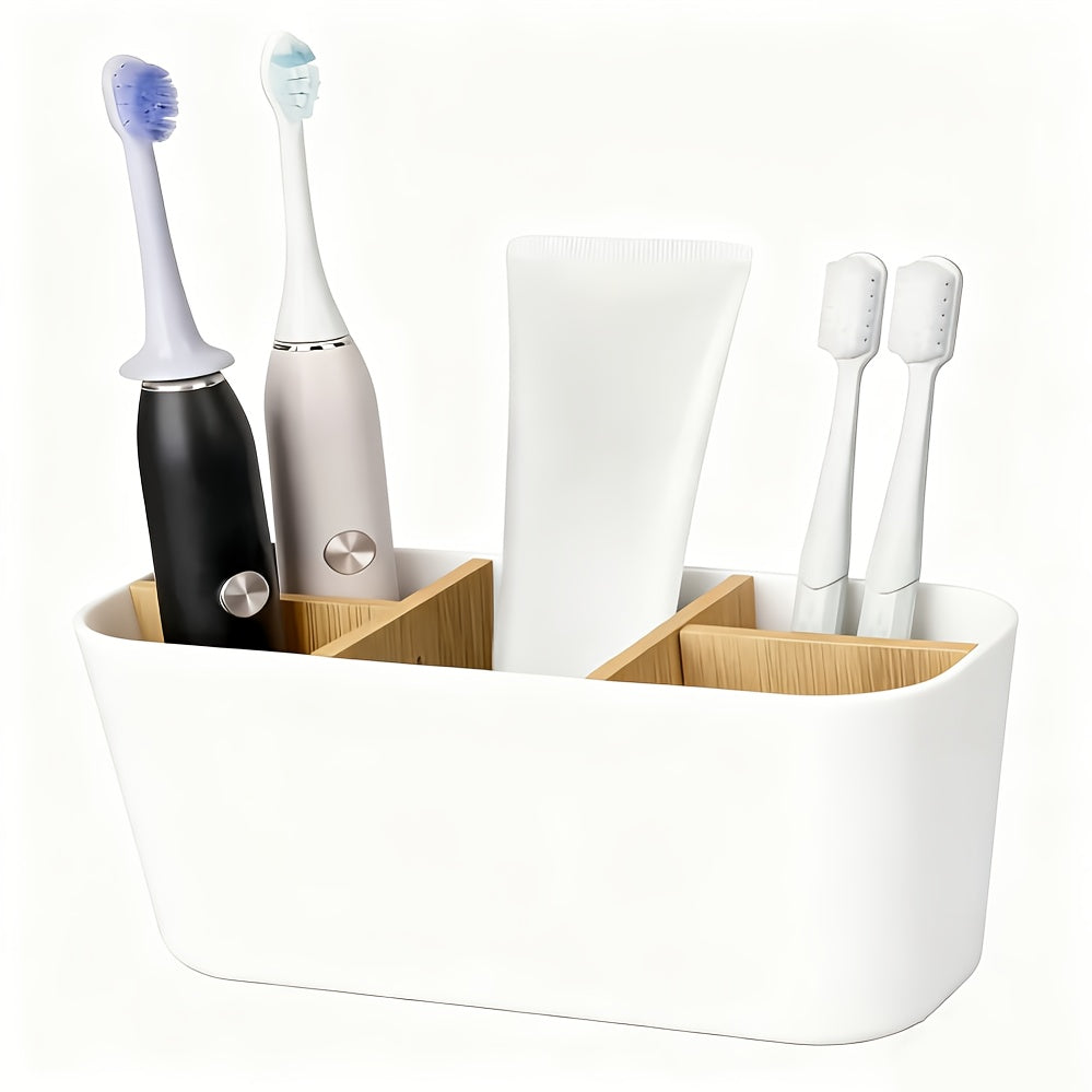 Minimalist Bathroom Toothbrush Holder Caddy, Divided Freestanding Countertop Storage Organizer for Electric Toothbrush, Toothpaste, Razor, Sleek Desktop Pencil & Makeup Brush Cup
